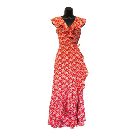 Max Studio Orange floral‎ ruffle bishop collar full wrap maxi dress size Small - Picture 9 of 13